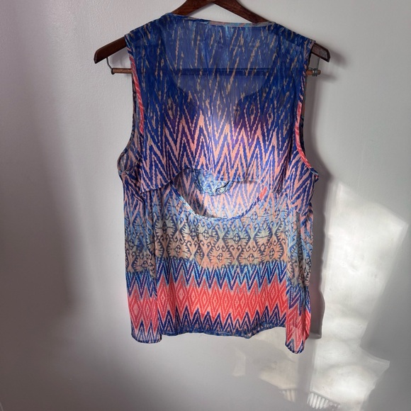 Studio Y Women Tank Size XL Blue Beaded Cut V-Neck Boho Keyhole Back Top Sheer - Picture 10 of 14